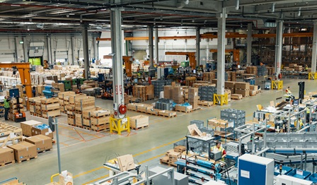 Interior view of Wärtsilä's Kampen facility in the Netherlands. Cartons, machinery and people visible.