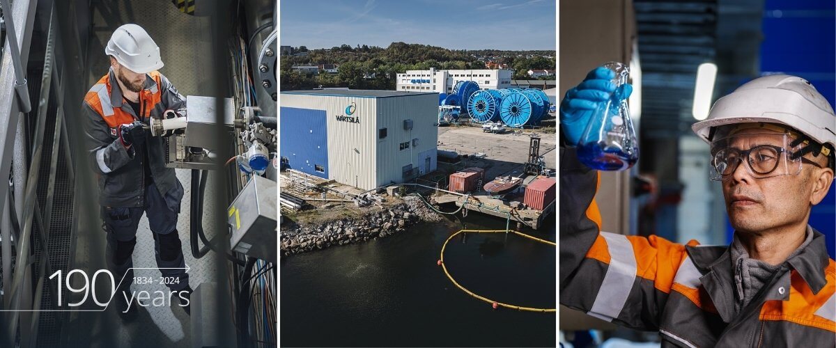 A collage of three images related to carbon capture and storage. Two images of Wärtsilä employees and one image of the testing facility in Moss, Norway.