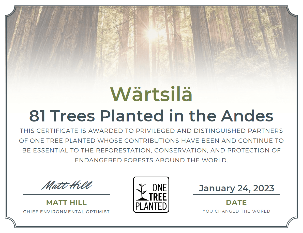 Wärtsilä One Tree Planted to Andes 2022 certificate
