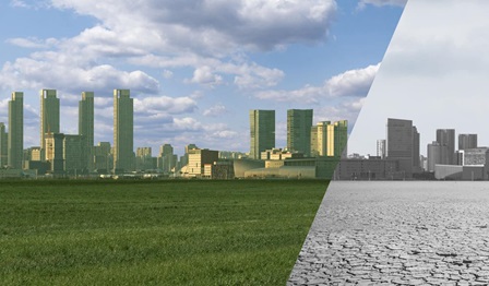 city, dry earth, green city