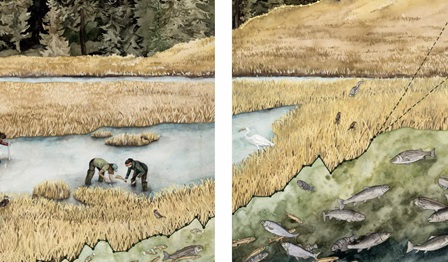 art drawing, people on a rice field, yellow field, fish