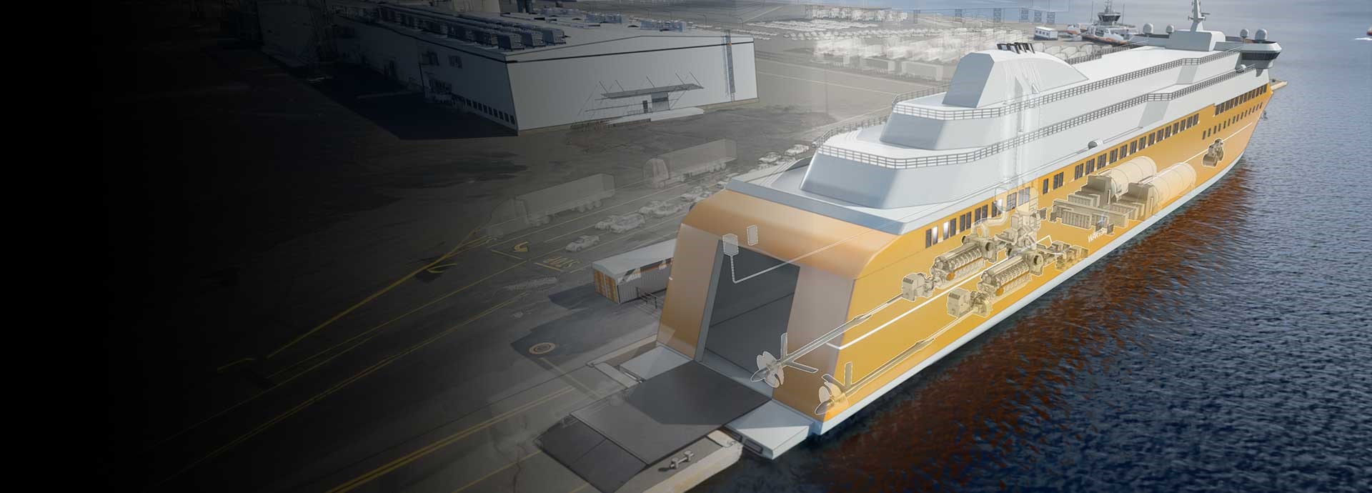 See-through animation of ferry with propulsion equipment