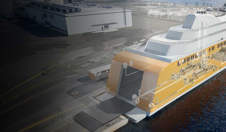 See-through animation of ferry with propulsion equipment