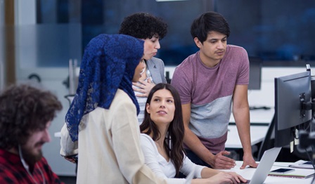 Team, multicultural workplace, tech