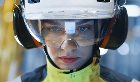 Woman wearing safety headphones and visor. Reflection of tablet on visor.