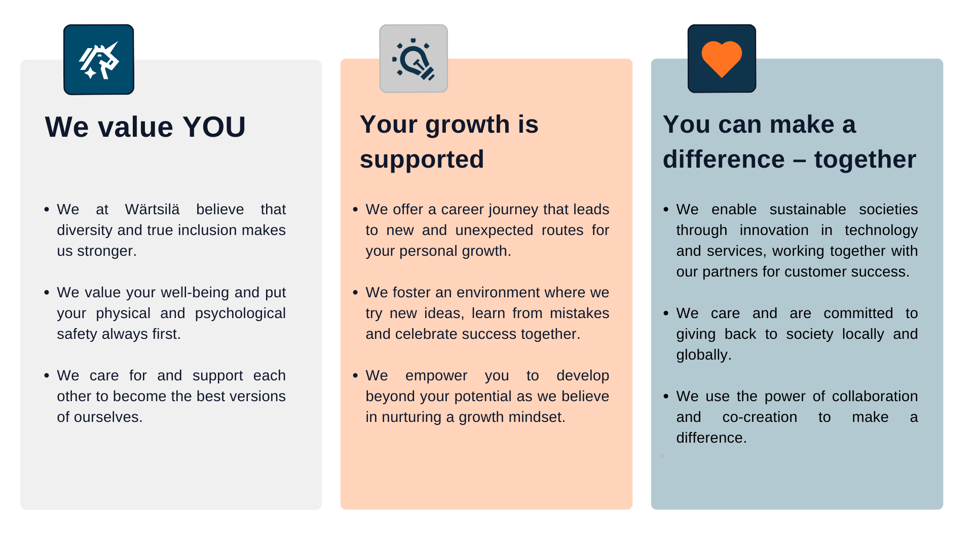 1. We value YOU. 2. Your growth is supported. 3. You can make a difference - together.