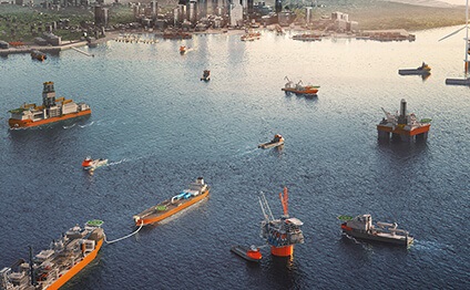 3D illustration of offshore vessels and rigs