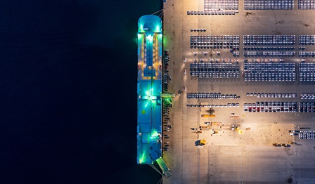 night-time image of a car carrier vessel