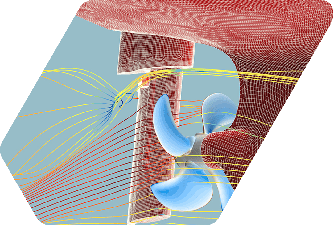propeller flow analysis, where the colored lines or contours represent the velocity and path of the fluid
