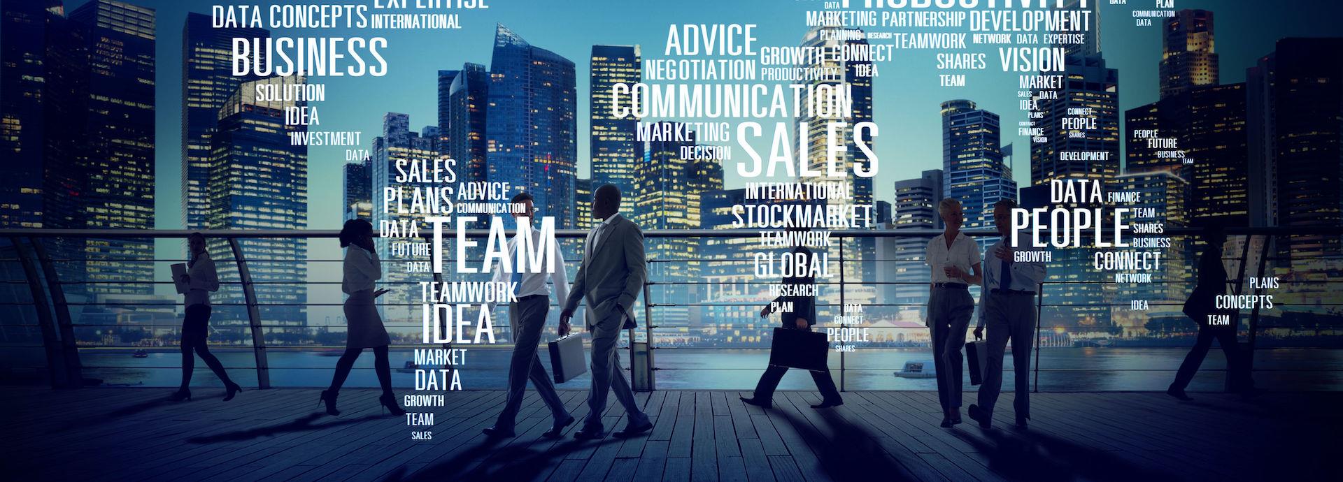 Conceptual illustration of employees in an urban work environment.