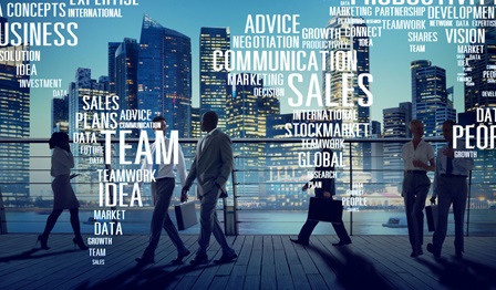 Conceptual illustration of employees in an urban work environment.