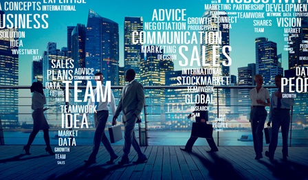 Conceptual illustration of employees in an urban work environment.