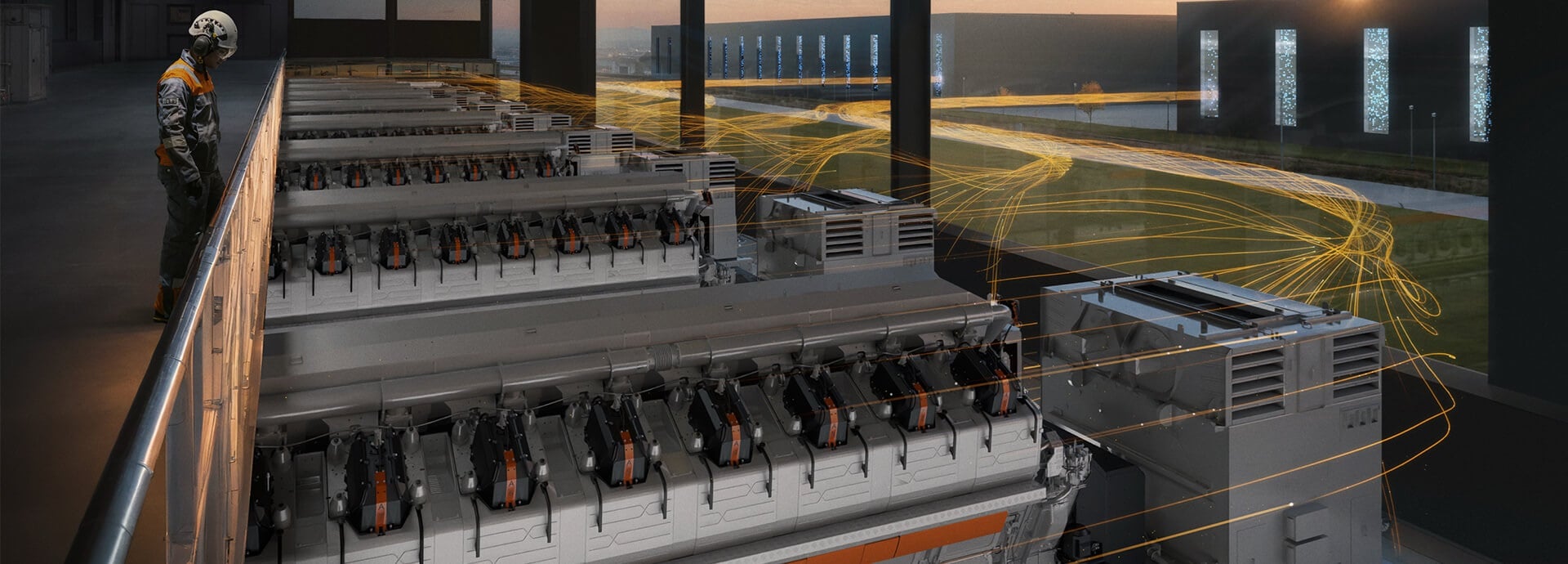Illustration of Wärtsilä engines in an engine hall feeding electricity to data center
