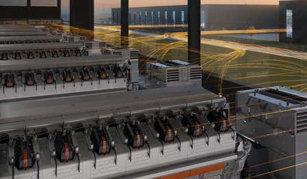 Illustration of Wärtsilä engines in an engine hall feeding electricity to data center
