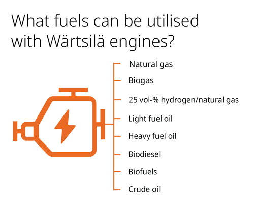 Image showing what fuels can be utilised with Wärtsilä engines: gas, 25 vol-% hydrogen/natural gas, light fuel oil, heavy fuel oil, biodiesel, biofuels and crude oil.