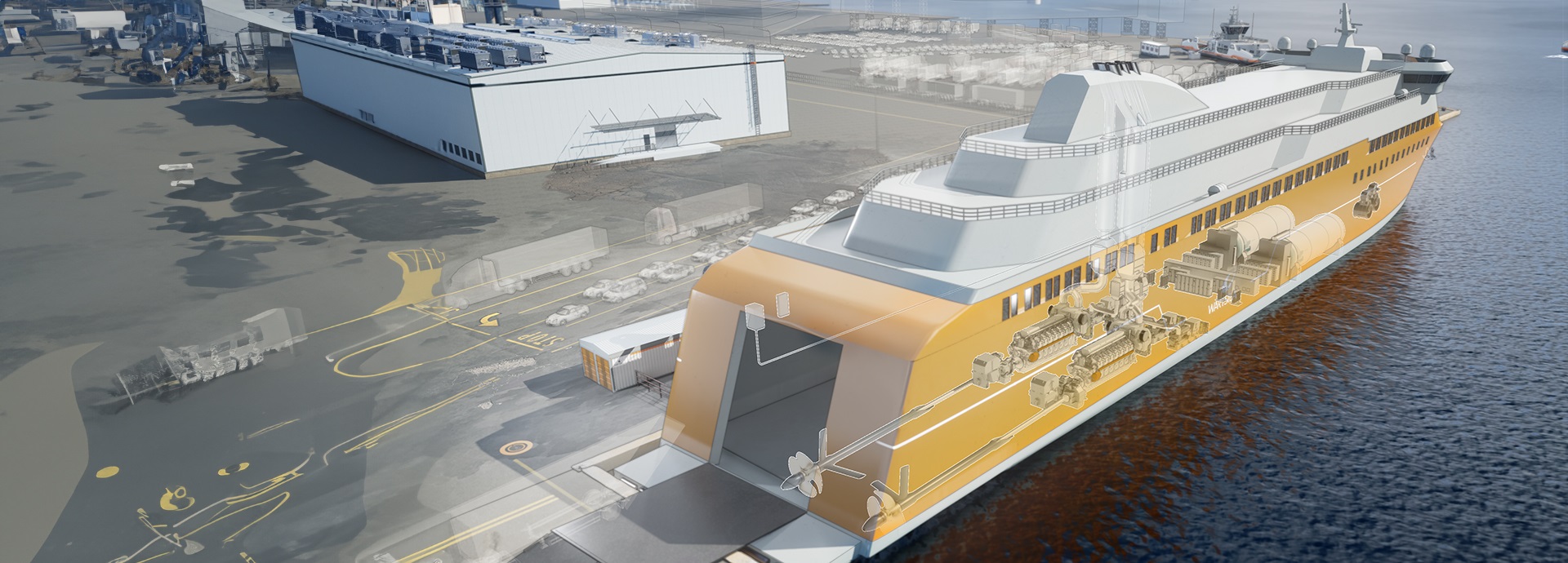 3D rendering of a ferry with Wärstilä hybrid installation
