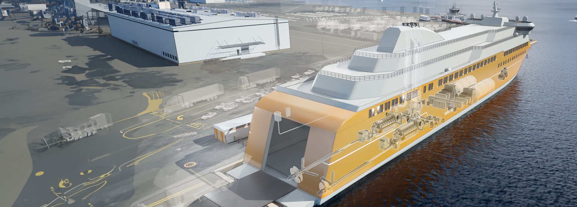 3D rendering of a ferry with Wärstilä hybrid installation