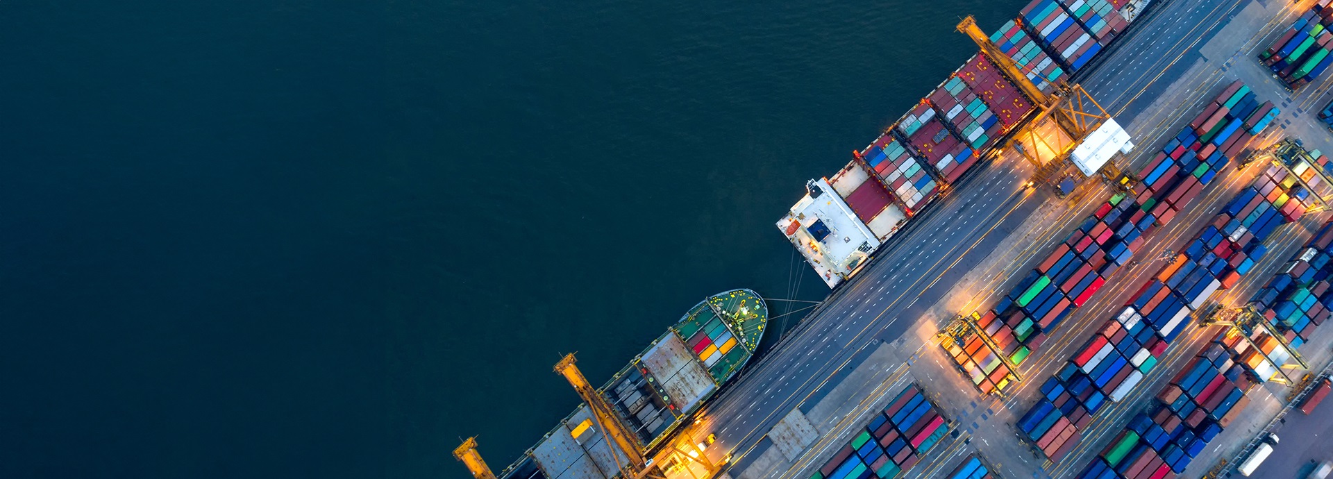 harbor shot with container ships from an aerial perspective