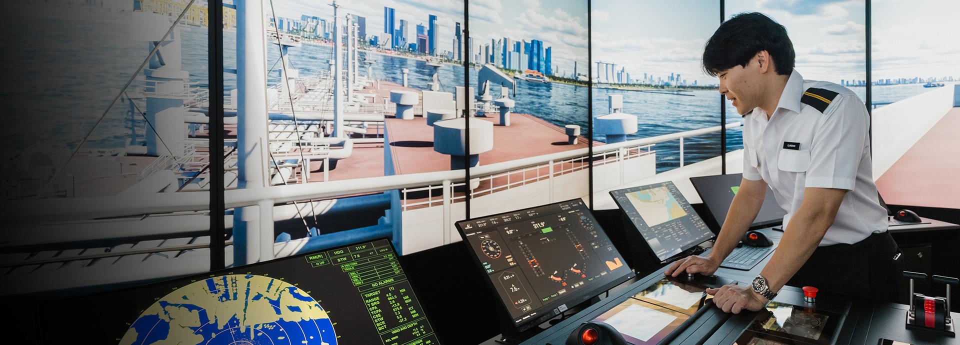 Ship navigation simulation setup on a bridge