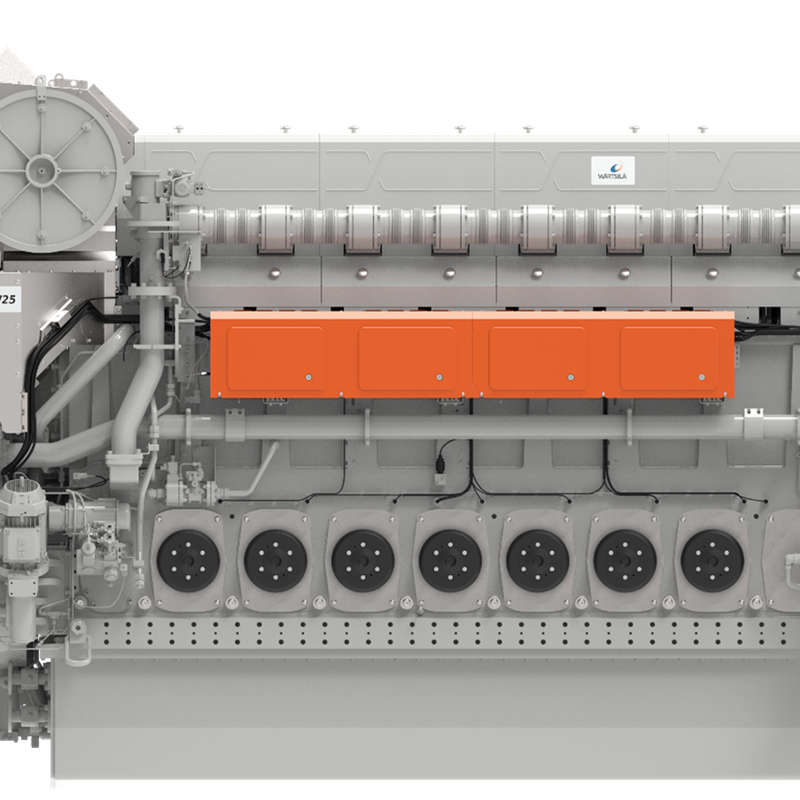 Legenda da imagem: O novo motor de 4 tempos de média rotação Wärtsilä 25 é a última adição ao portfólio da Wärtsilä, projetado para acelerar e apoiar os esforços do setor marítimo na realização de operações descarbonizadas.