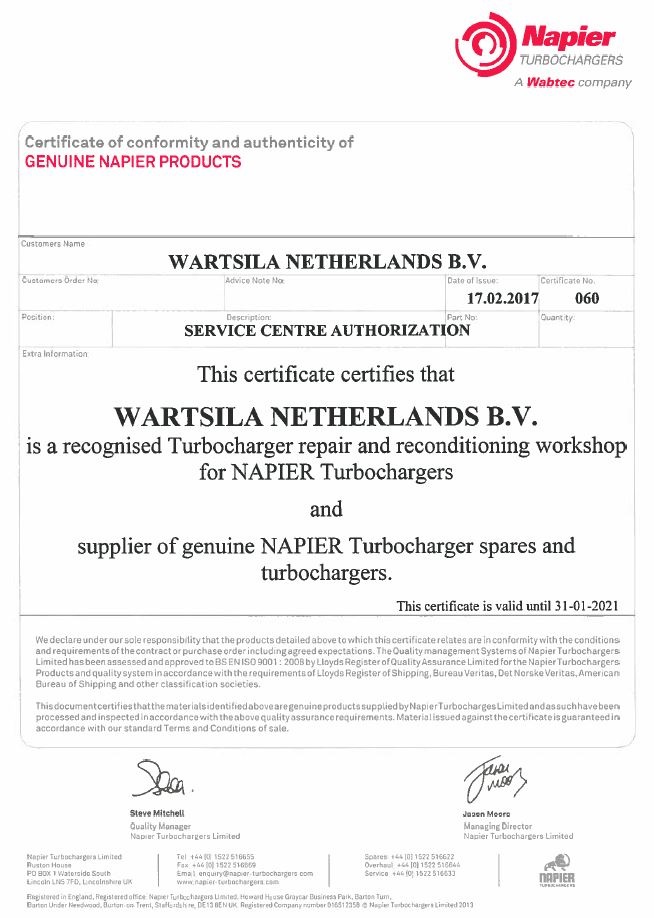Certificate official Naipier Turbocharger Workshop