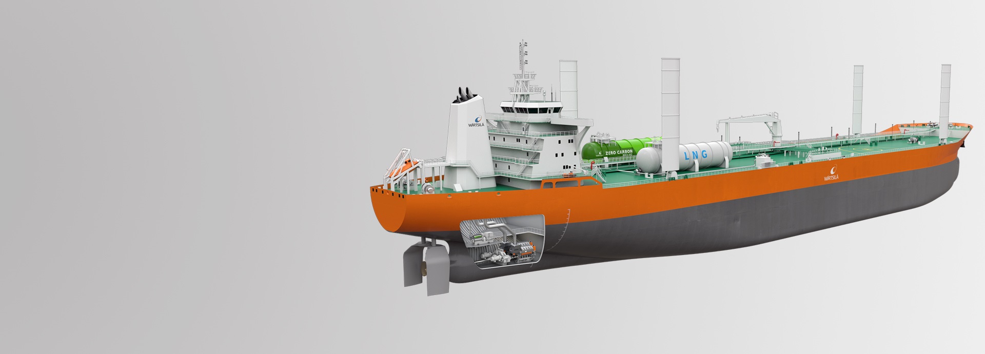 3D image of a large tanker with equipment from Wärtsilä