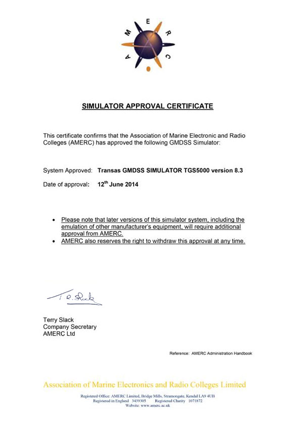 Simulator Approval Certificate TGS5000