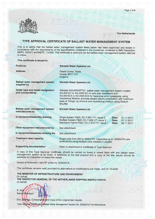 BWMS Aquarius EC TA certificate
