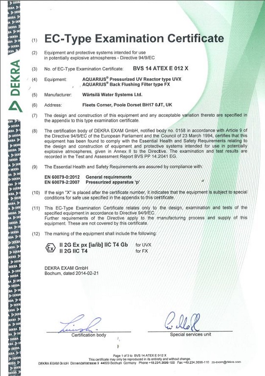 EX certificate Aquarius UVX