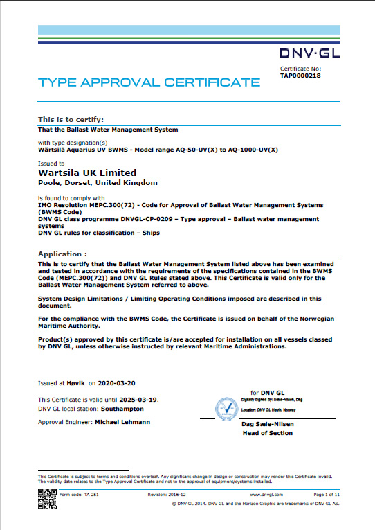 Type Approval Certificate of Wartsila Aquarius UV BWMS