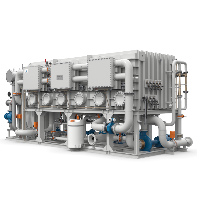MSF fresh water maker for maritime applications (ships and offshore platforms); producing fresh water from sea water.