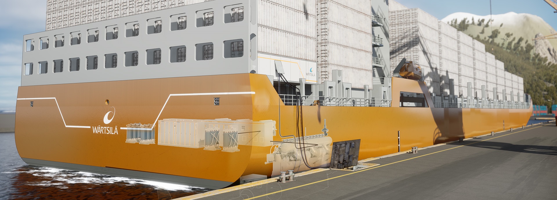 3D illustration of a container ship with shore connection