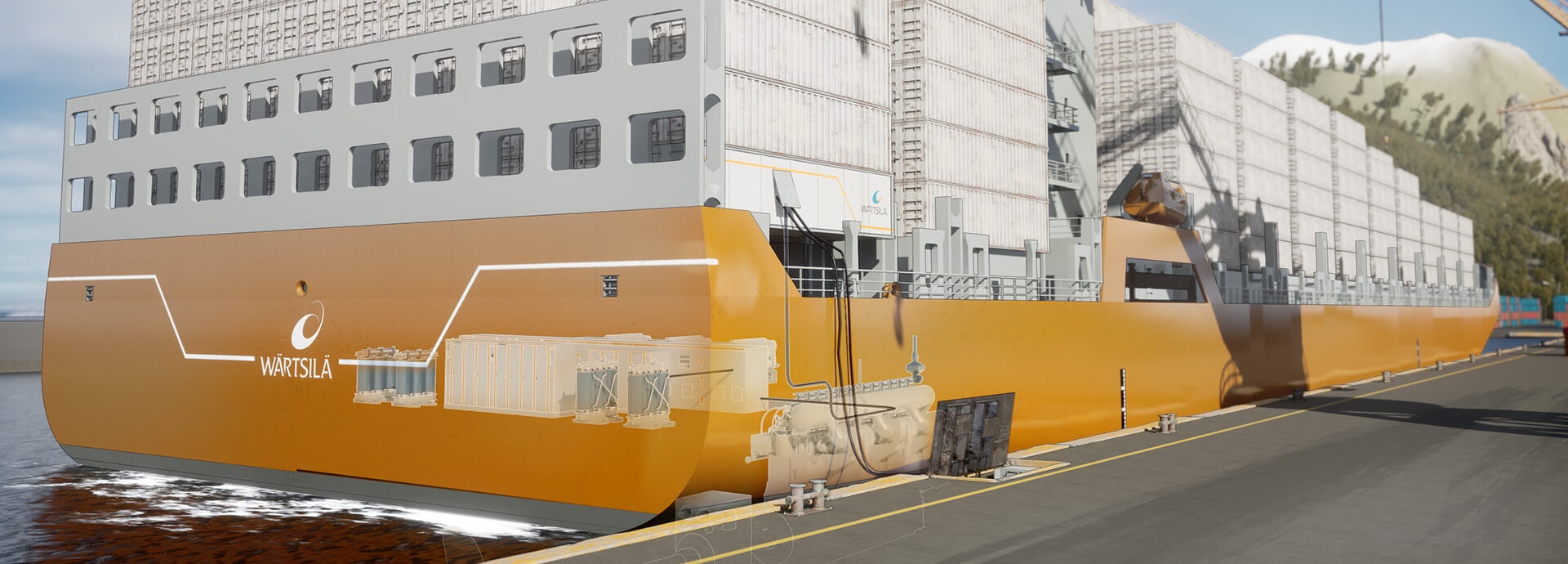 3D illustration of a container ship with shore connection