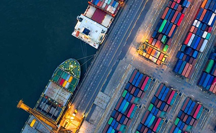 Container ship in port from a bird's-eye view