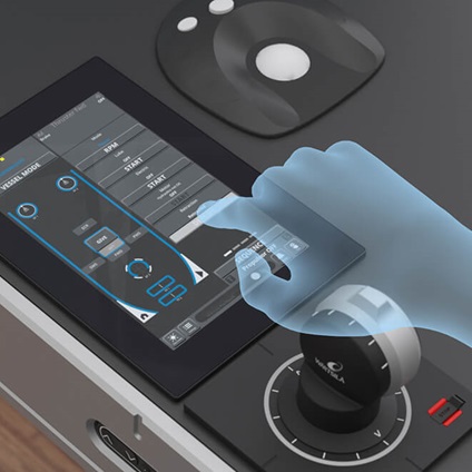3D illustration of bridge desk with propulsion control system panel
