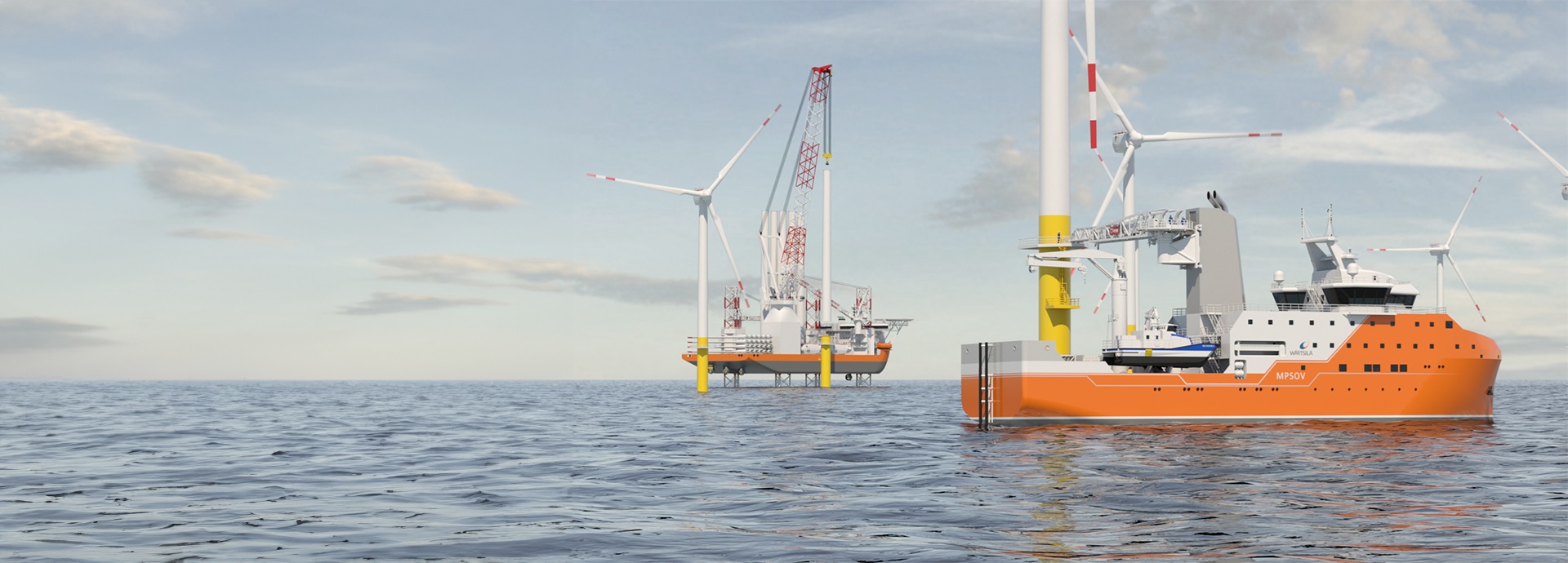 3D illustration offshore wind park with vessels