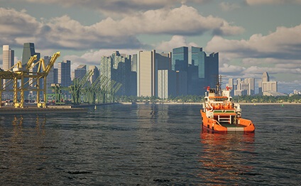 simulator screen showing a harbor and ship