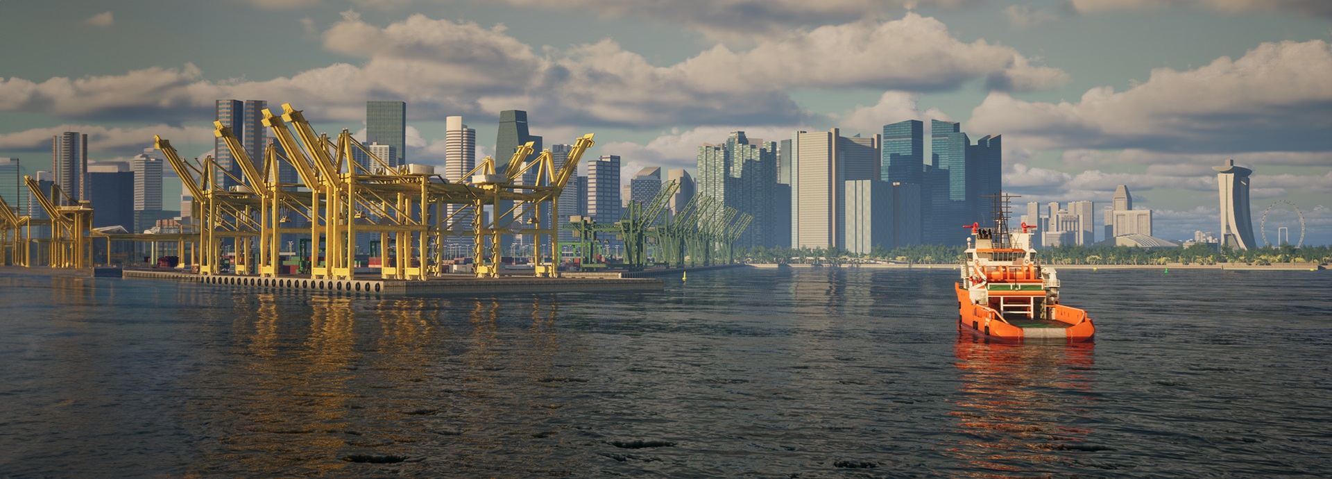 simulator screen showing a harbor and ship