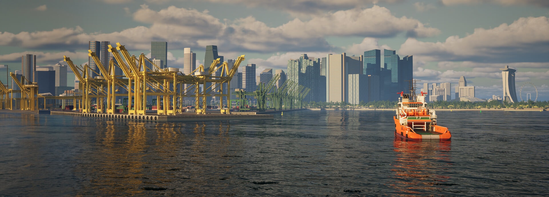 simulator screen showing a harbor and ship