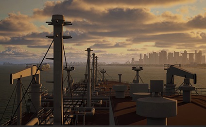 simulation image of a view from the ship towards the harbor