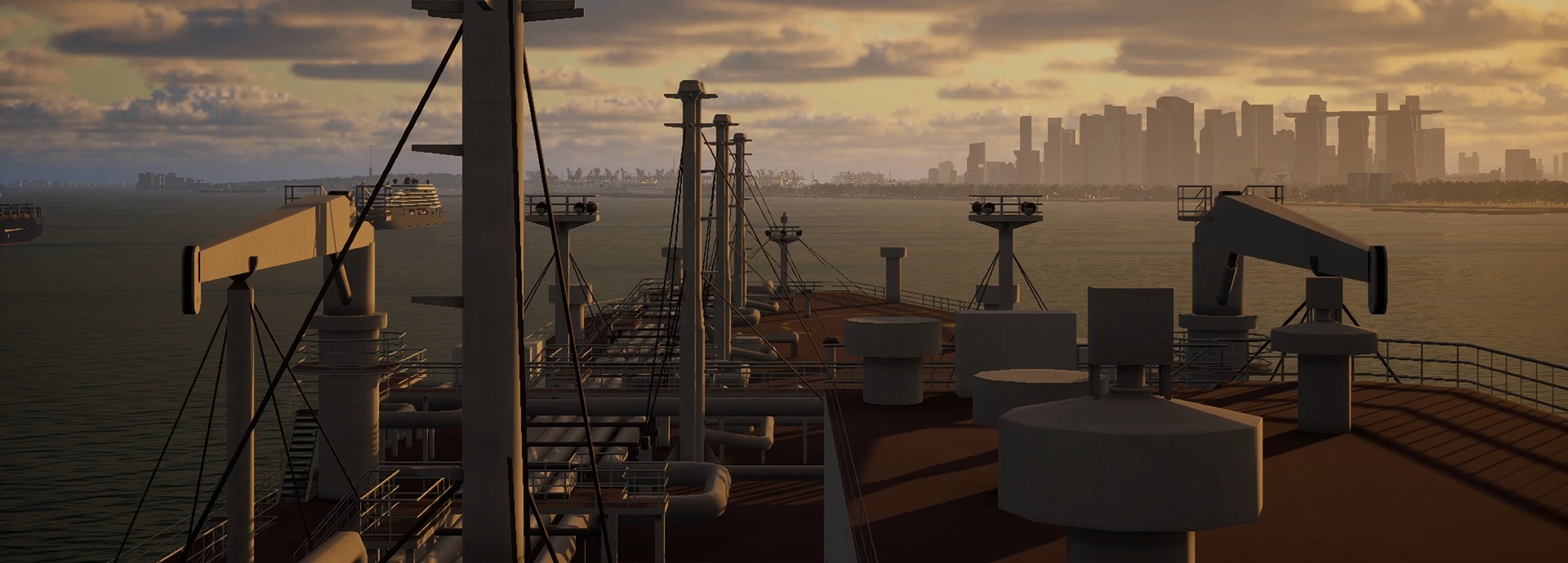 simulation image of a view from the ship towards the harbor
