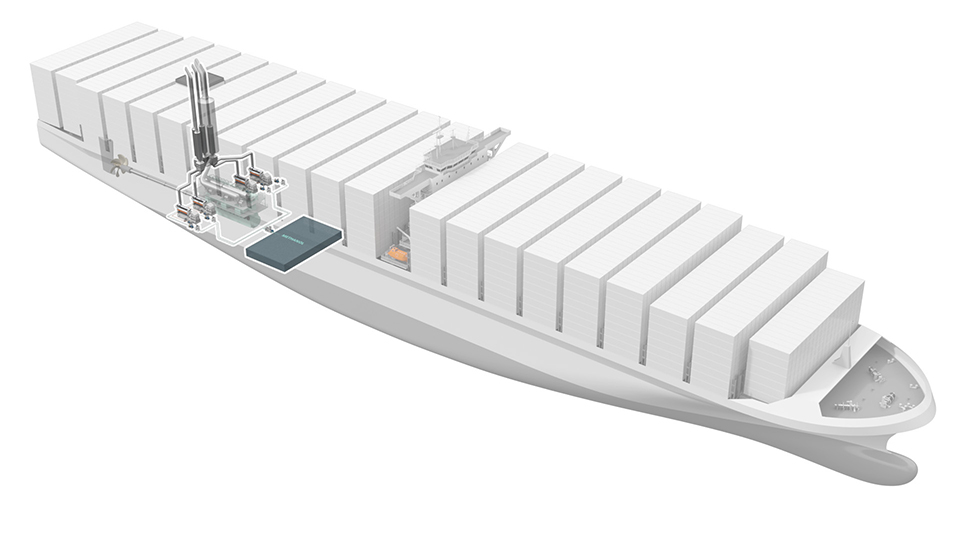 3D rendering Container ship W32 Methanol setup