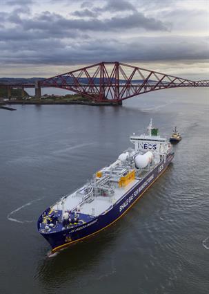 Fig. 1 - JS INEOS INSIGHT - member of the worlds fist series of ethane-powered marine vessels in Grangemouth, Scotland.