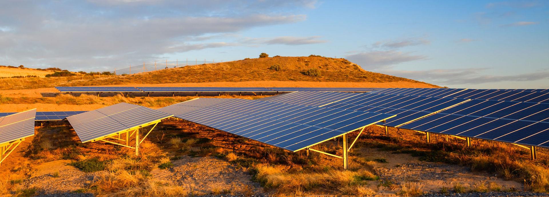 Solar panel farm at sunset located in South Australia