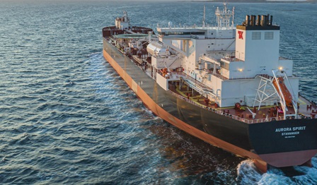 The Aurora Spirit, a new e-shuttle tanker, sets sail.