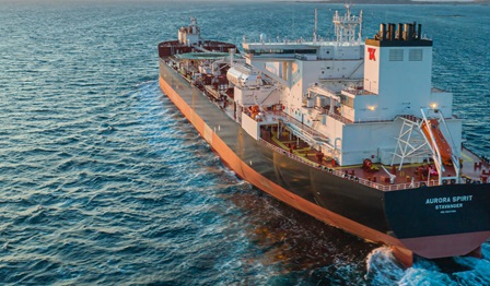 The Aurora Spirit, a new e-shuttle tanker, sets sail.