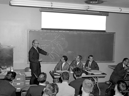 Arthur Rosenfeld met reporters after the announcement of the Omega meson discovery Meeting reporters after the announcement of the Omega meson discovery are Lynn Stevenson, Bogdan Maglic, Luis Alvarez, and Arthur Rosenfeld.