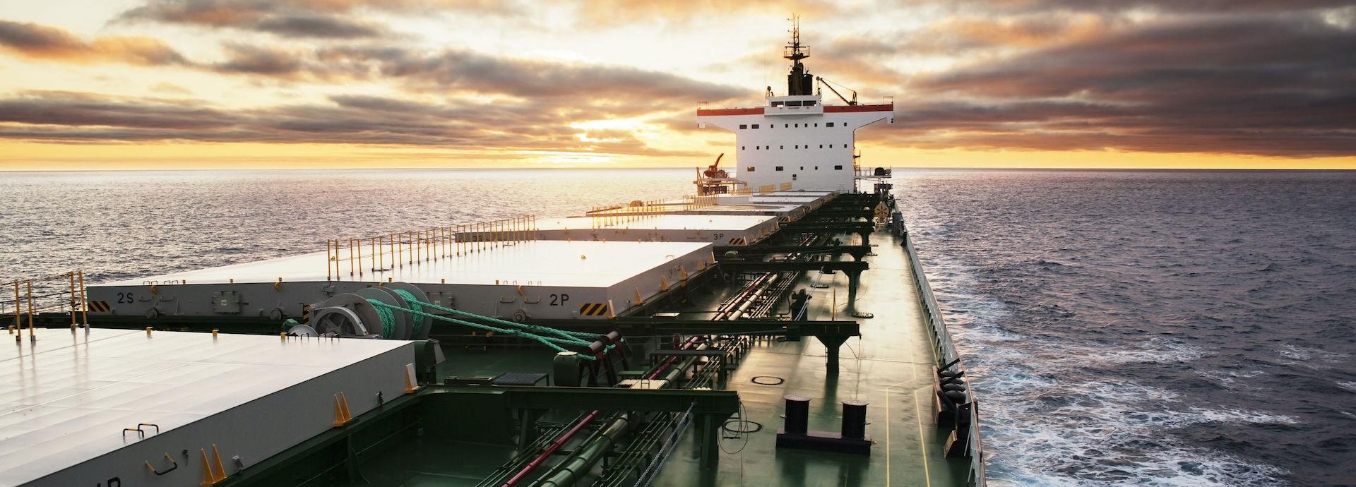 Cargo ship at sea, view from bridge