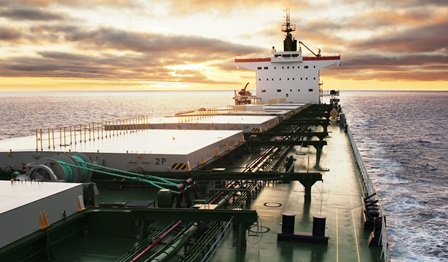 Cargo ship at sea, view from bridge