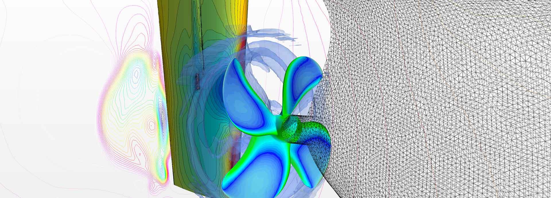Volume rendering of water around the propeller and the pressure distribution on the propeller and rudder, including velocity behind the rudder.